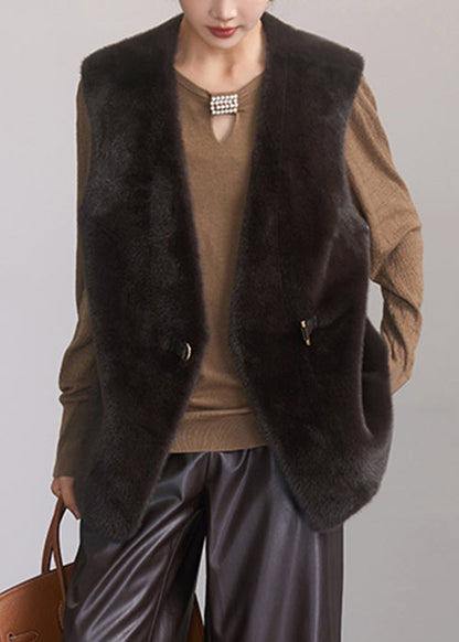 New Coffee Button Pockets Leather and Fur Waistcoat Sleeveless