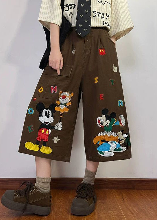 New Coffee Cartoon Print Pockets Denim Crop Pants Summer