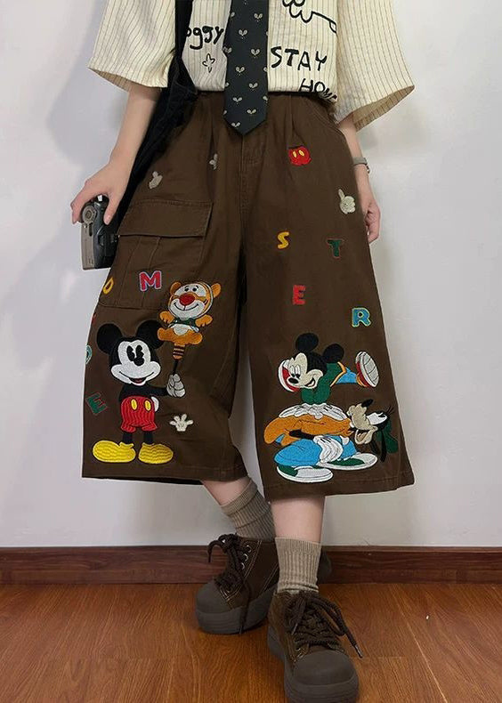 New Coffee Cartoon Print Pockets Denim Crop Pants Summer