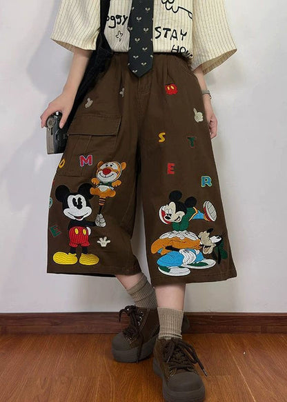 New Coffee Cartoon Print Pockets Denim Crop Pants Summer