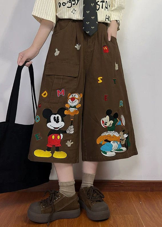New Coffee Cartoon Print Pockets Denim Crop Pants Summer