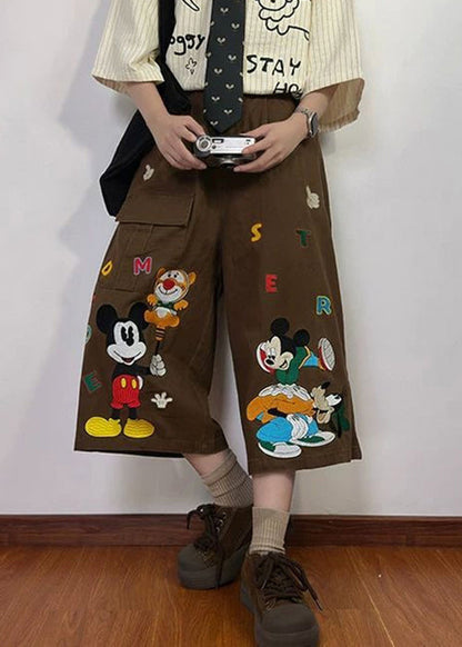 New Coffee Cartoon Print Pockets Denim Crop Pants Summer