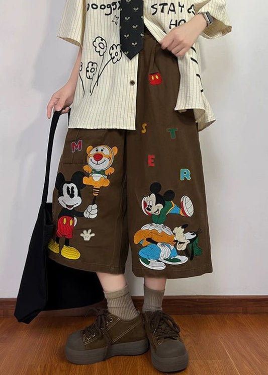 New Coffee Cartoon Print Pockets Denim Crop Pants Summer