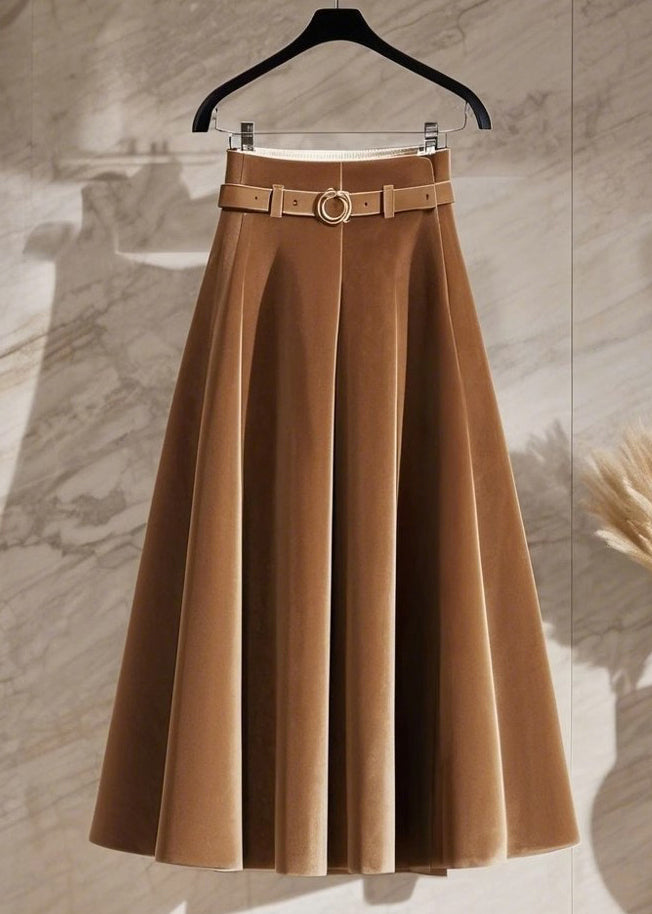 New Coffee High Waist Silk Velvet Skirts Spring