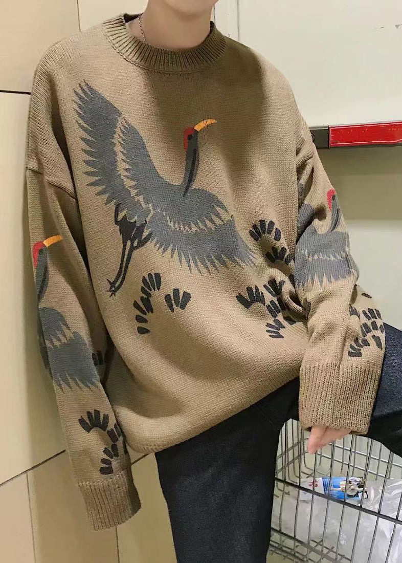 New Coffee O Neck Print Knit Sweater Spring