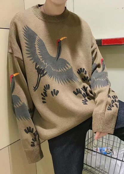 New Coffee O Neck Print Knit Sweater Spring