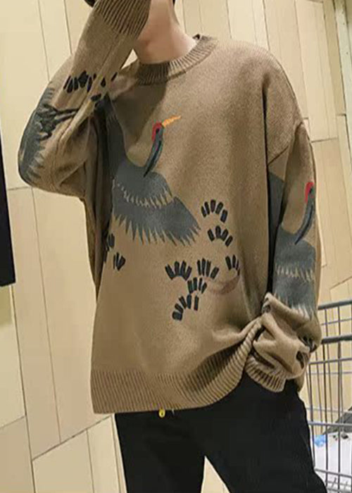 New Coffee O Neck Print Knit Sweater Spring