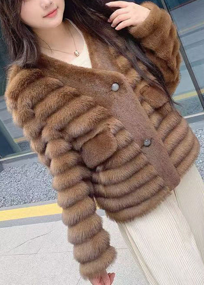 New Coffee Patchwork Leather and Fur Coats Spring