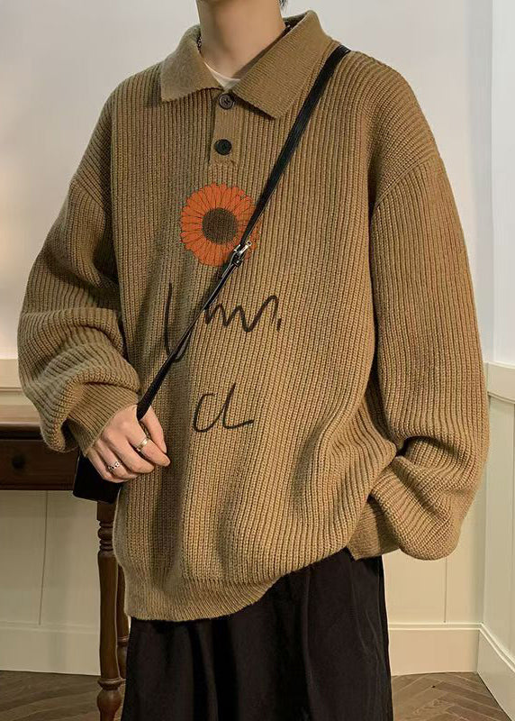 New Coffee Peter Pan Collar Print Knit Sweaters Fall