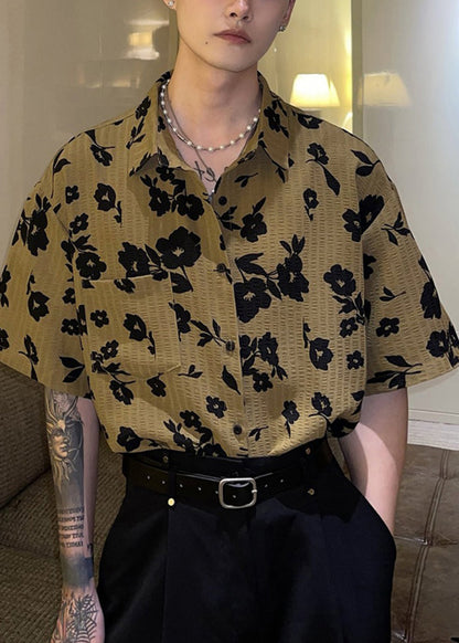 New Coffee Peter Pan Collar Print Hawaiian Shirts Summer