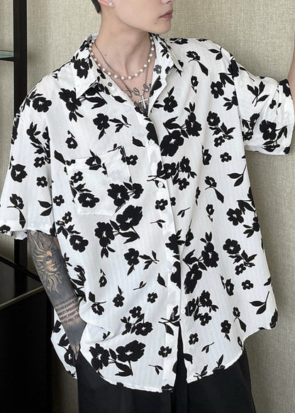 New Coffee Peter Pan Collar Print Hawaiian Shirts Summer