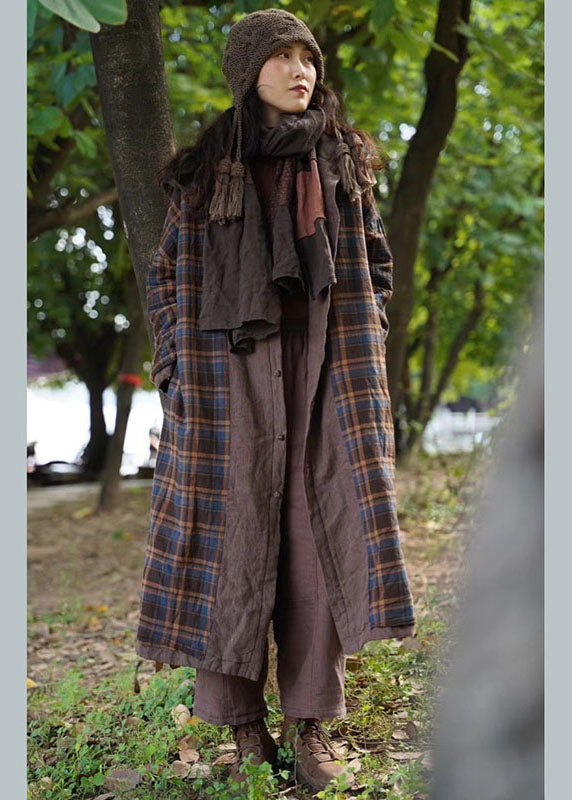 New Chocolate Plaid Hooded Wear on Both Sides Pockets Winter Cotton Coat