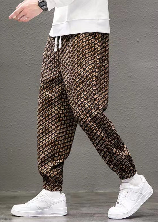 New Coffee Print Pockets Elastic Waist Cotton Pants Spring