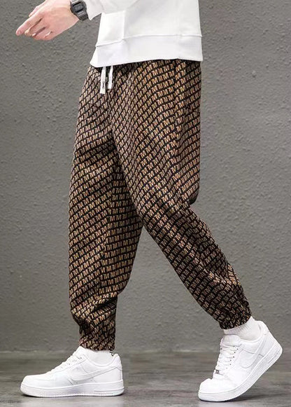 New Coffee Print Pockets Elastic Waist Cotton Pants Spring