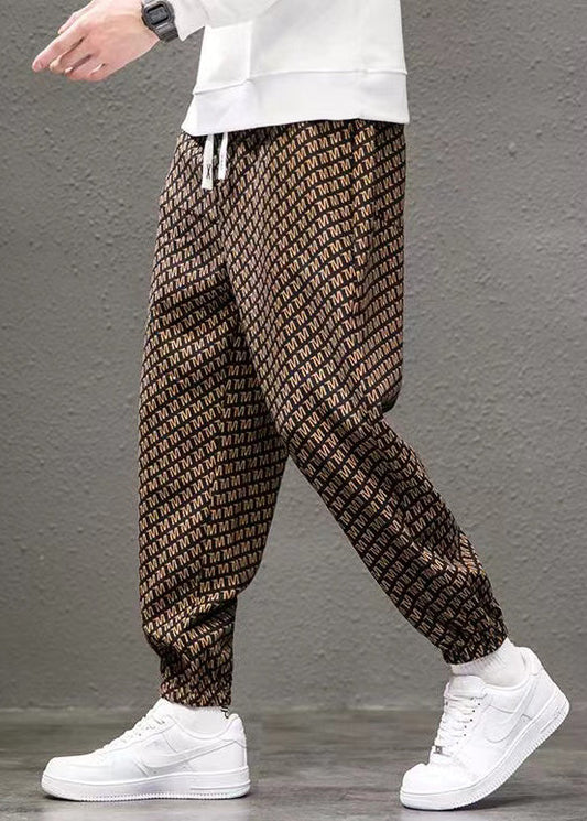 New Coffee Print Pockets Elastic Waist Cotton Pants Spring