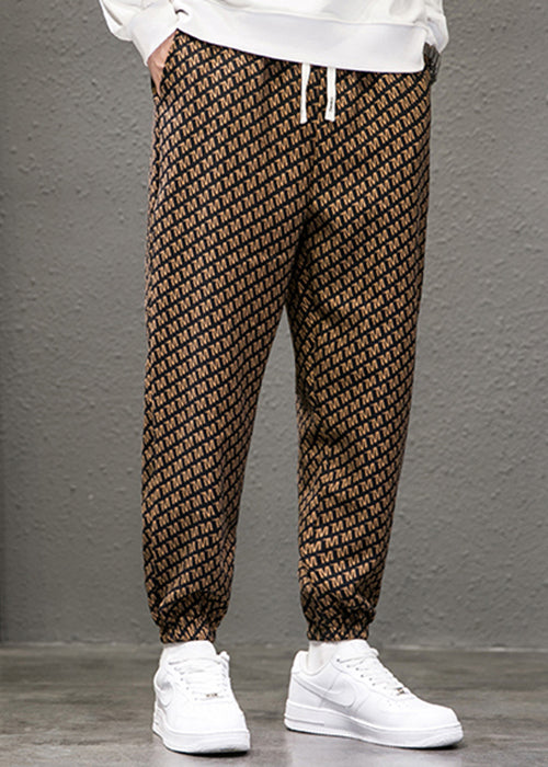 New Coffee Print Pockets Elastic Waist Cotton Pants Spring