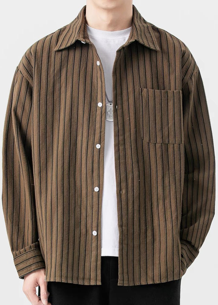 New Coffee Striped Button Pockets Cotton Men Shirts Spring