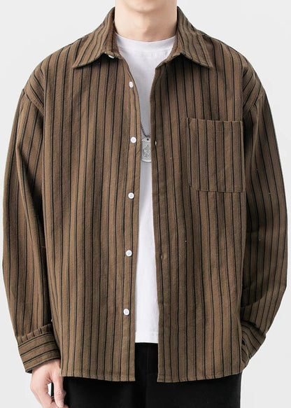 New Coffee Striped Button Pockets Cotton Men Shirts Spring