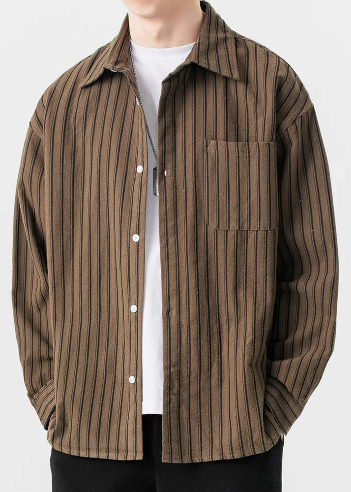 New Coffee Striped Button Pockets Cotton Men Shirts Spring