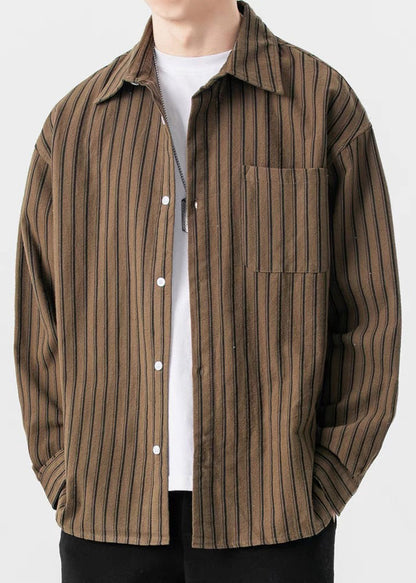 New Coffee Striped Button Pockets Cotton Men Shirts Spring
