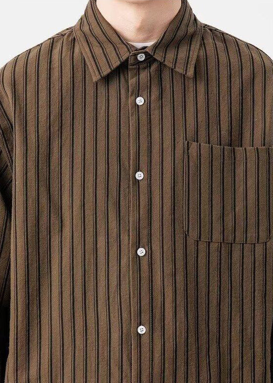 New Coffee Striped Button Pockets Cotton Shirts Spring