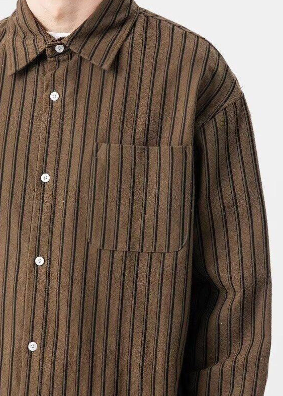 New Coffee Striped Button Pockets Cotton Men Shirts Spring