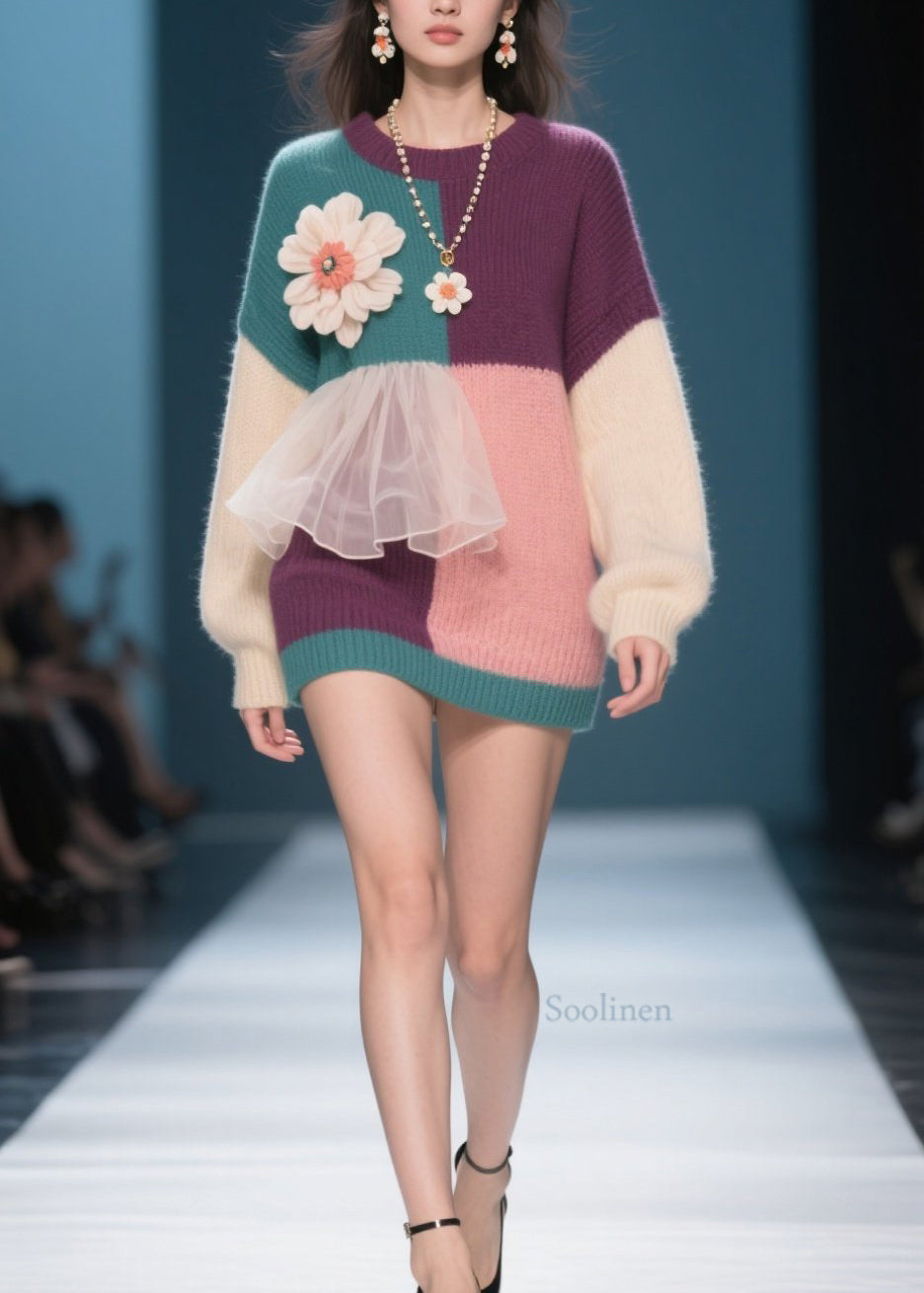 New Colorblock O Neck Tulle Patchwork Knit Pullover Fall