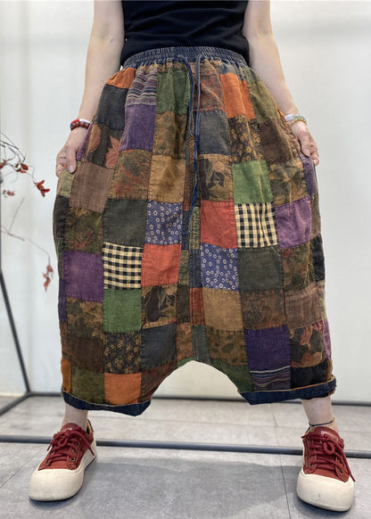 New Colorblock Pockets Elastic Waist Patchwork Linen Crop Pants Spring