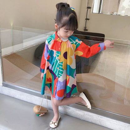 New Colorblock Print Button Mid Dress Long Sleeve