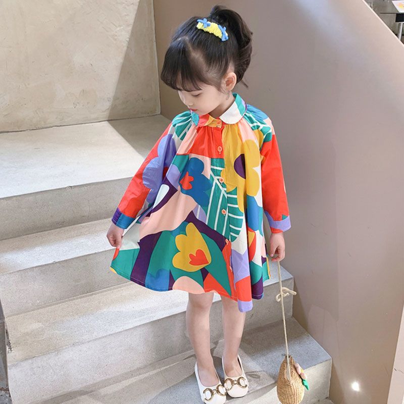 New Colorblock Print Button Mid Dress Long Sleeve