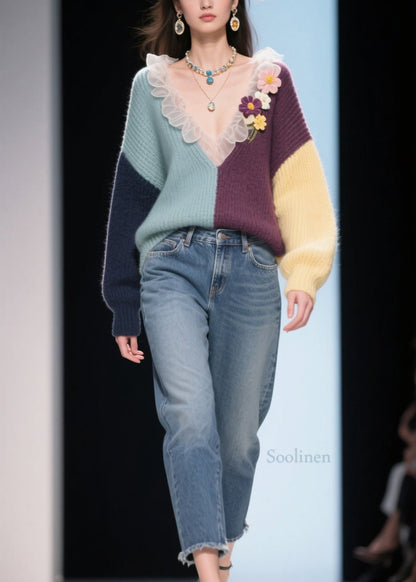 New Colorblock V Neck Ruffled Knitted Tops Fall