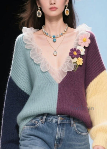 New Colorblock V Neck Ruffled Knitted Tops Fall
