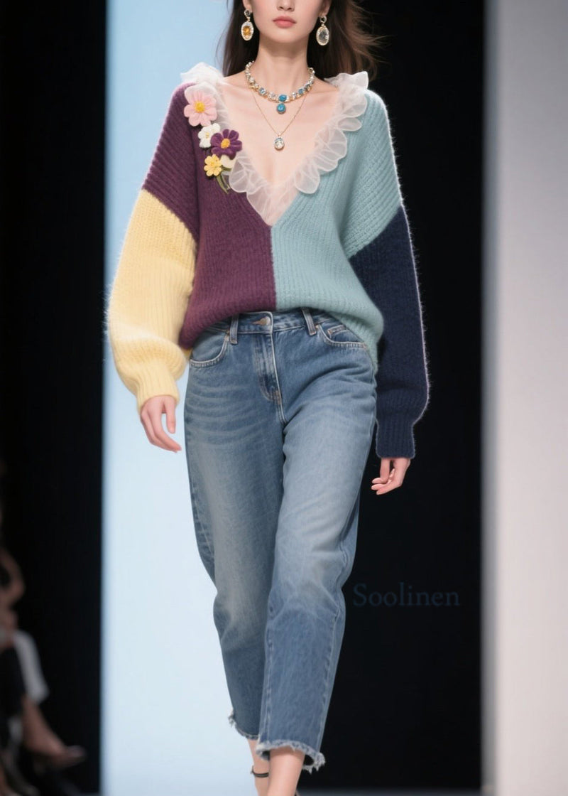 New Colorblock V Neck Ruffled Knitted Tops Fall