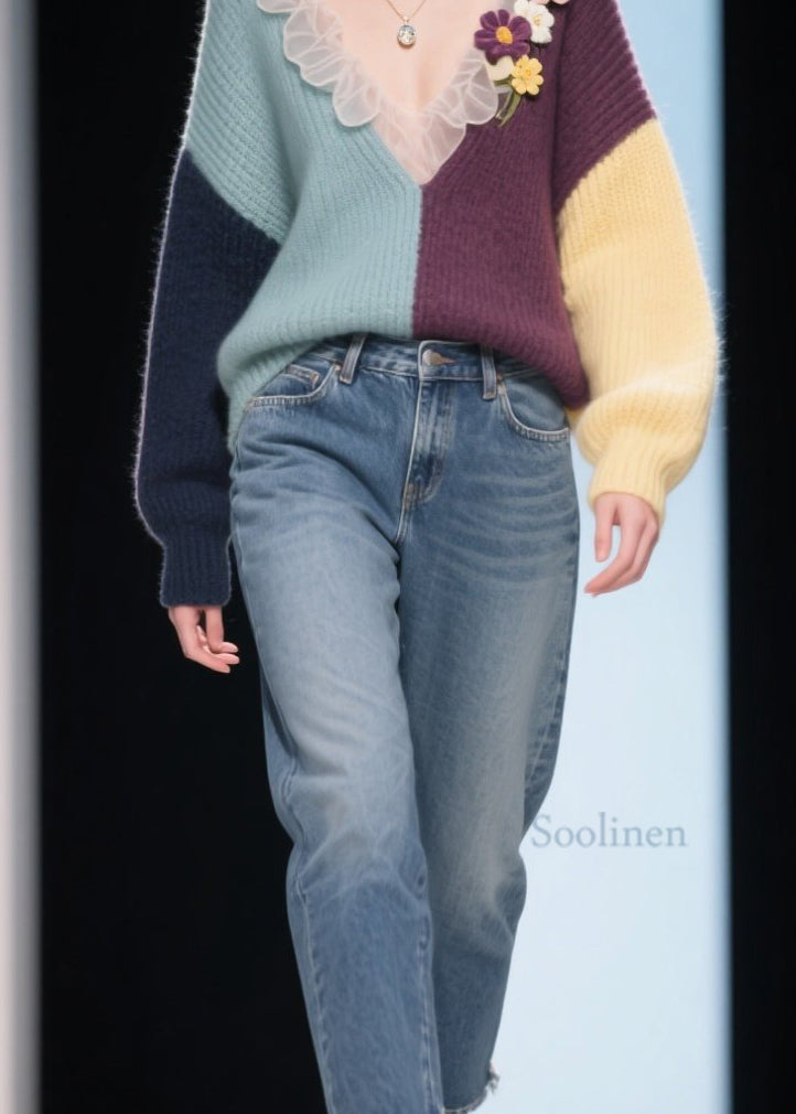 New Colorblock V Neck Ruffled Knitted Tops Fall
