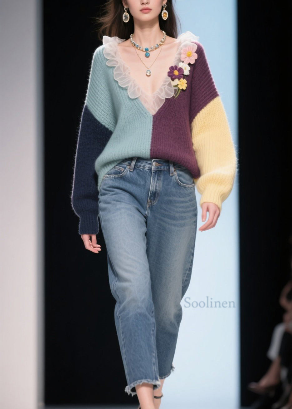New Colorblock V Neck Ruffled Knitted Tops Fall