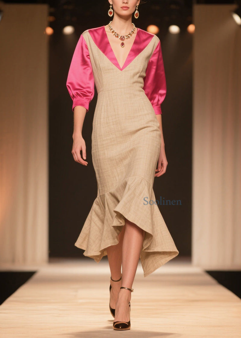 New Colorblock V Neck Ruffled Patchwork Linen Silk Dress Summer