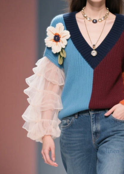 New Colorblock V Neck Tulle Knit Sweater Fall