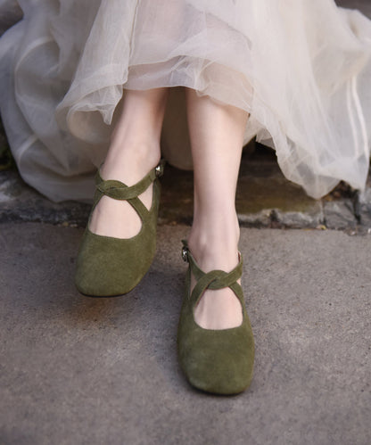 New Comfy Flat Feet Shoes Green Suede Cross Strap