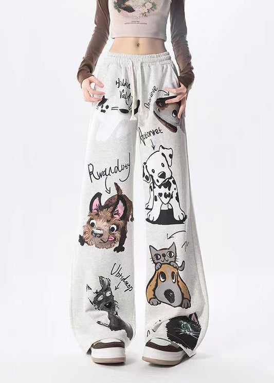 New Dog Print Warm Fleece High Waist Sports Wide Leg Pants Spring