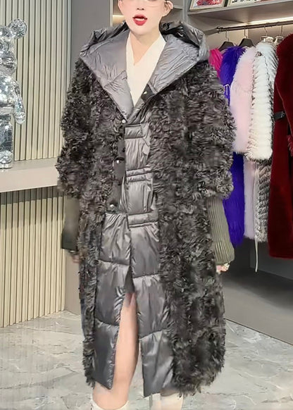 New Dark Gray Original Design Patchwork Leather and Fur Coats
