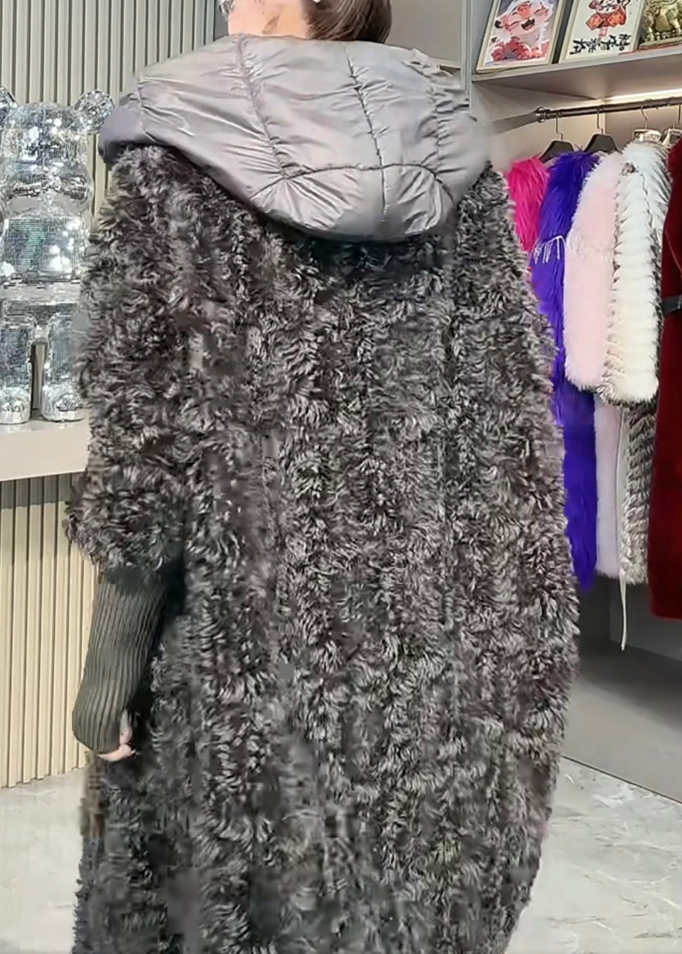 New Dark Gray Original Design Patchwork Leather and Fur Coats