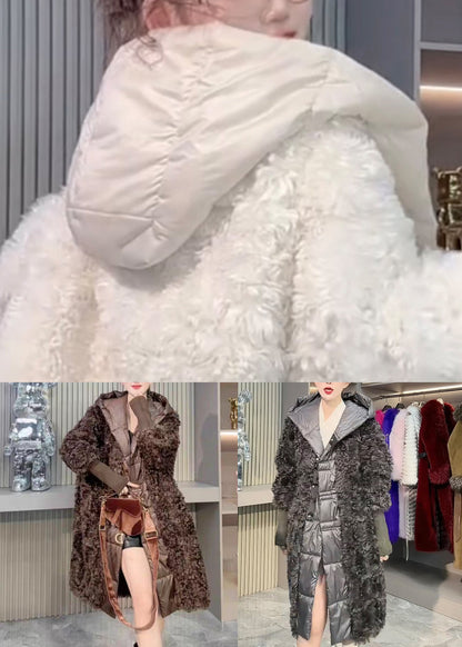 New Dark Gray Original Design Patchwork Leather and Fur Coats