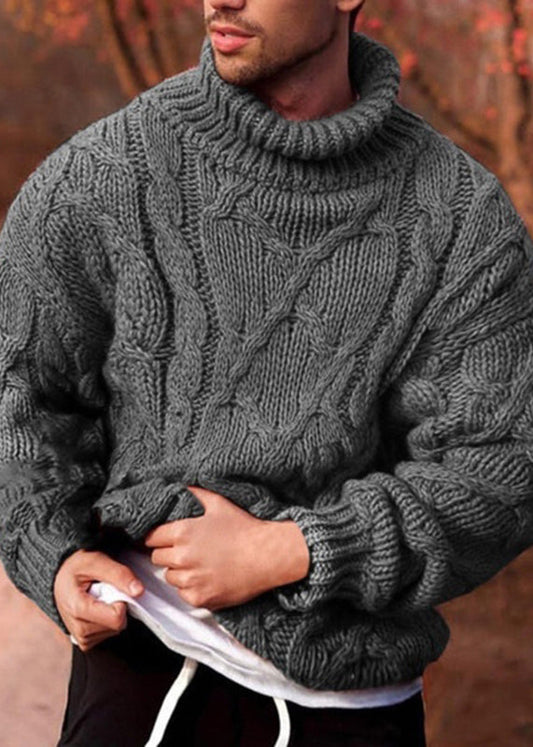 New Dark Gray Turtleneck Thick Cotton Cable Knit Sweater Winter