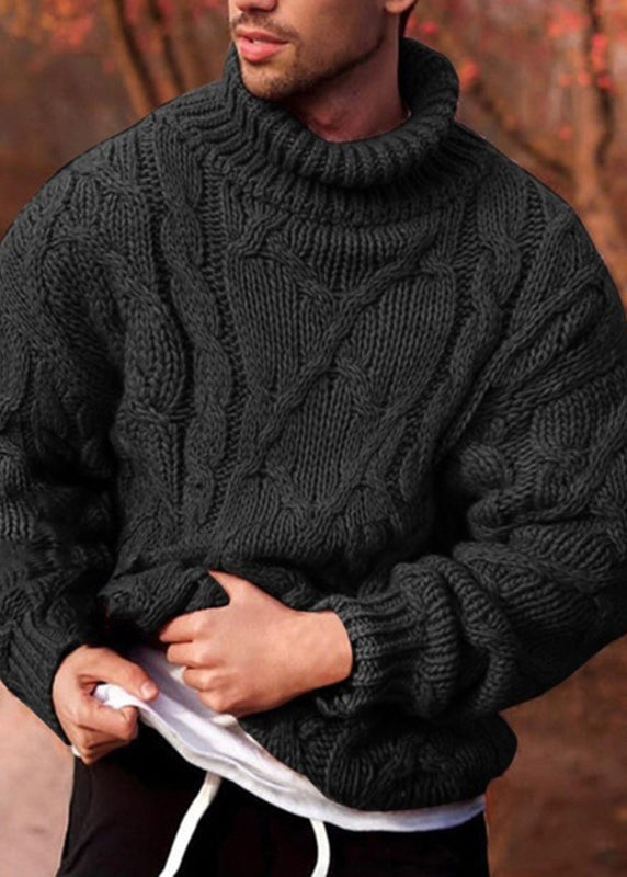 New Dark Gray Turtleneck Thick Cotton Cable Knit Sweater Winter