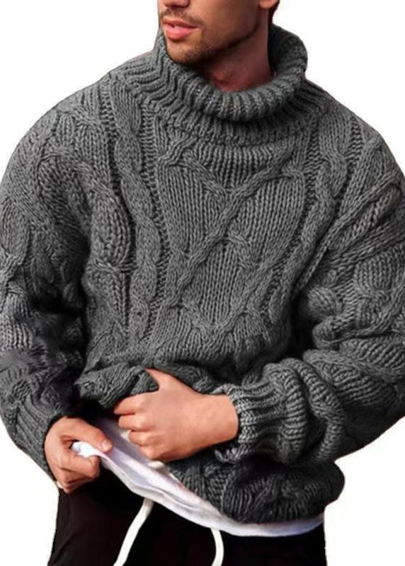 New Dark Gray Turtleneck Thick Cotton Cable Knit Sweater Winter