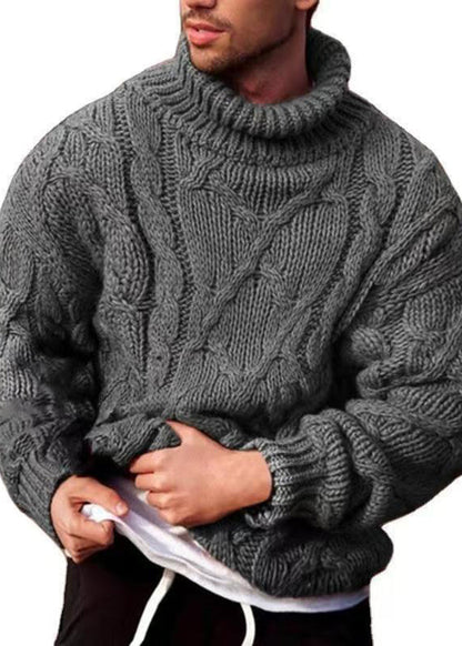 New Dark Gray Turtleneck Thick Cotton Cable Knit Sweater Winter