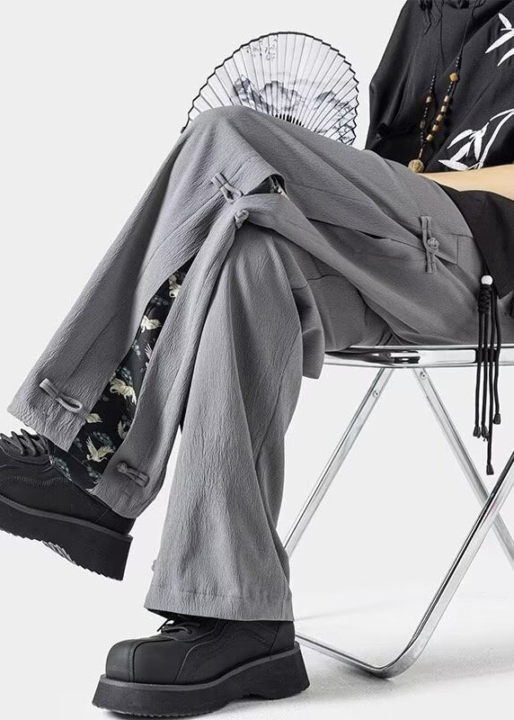 New Dark Grey Chinese Button Ice Silk Straight Leg Pants Summer