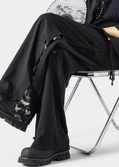 New Dark Grey Chinese Button Ice Silk Straight Leg Pants Summer