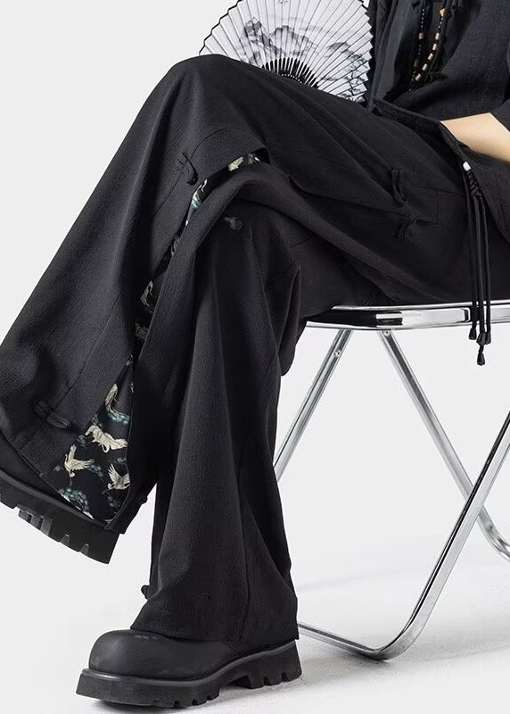 New Dark Grey Chinese Button Ice Silk Straight Leg Pants Summer