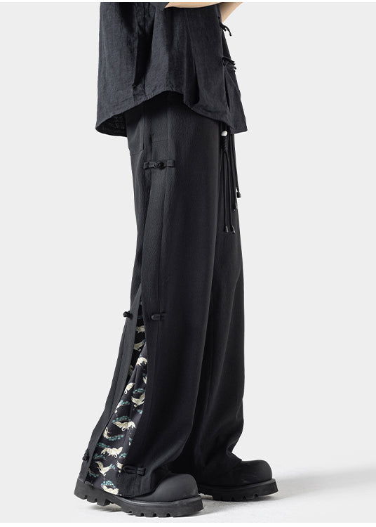 New Dark Grey Chinese Button Ice Silk Straight Leg Pants Summer